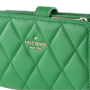 kate spade Green Quilted Leather Zip Wallet with Gold Logo